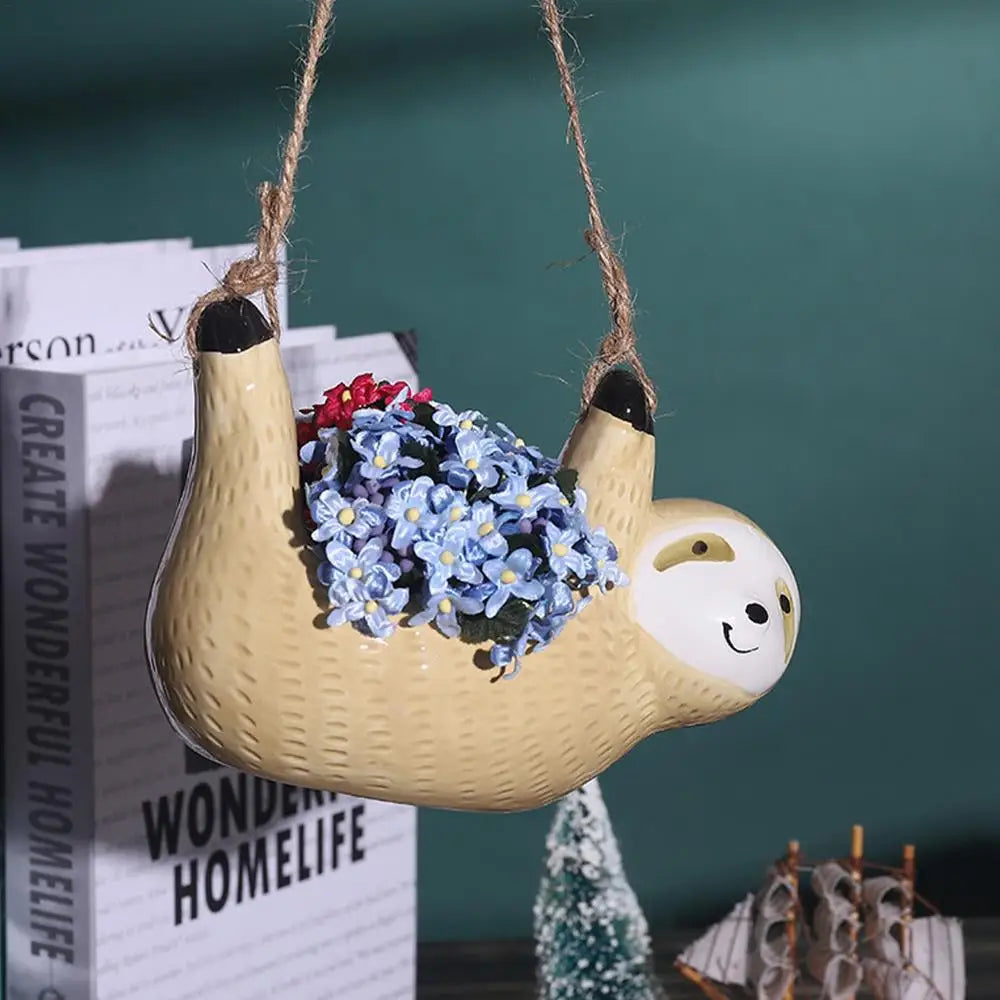 Ceramic Flowerpot Cartoon Animal Sloth Hanging Planter Pots Cute Succulent Plant With Twine Home Decor For Indoor Outdoor