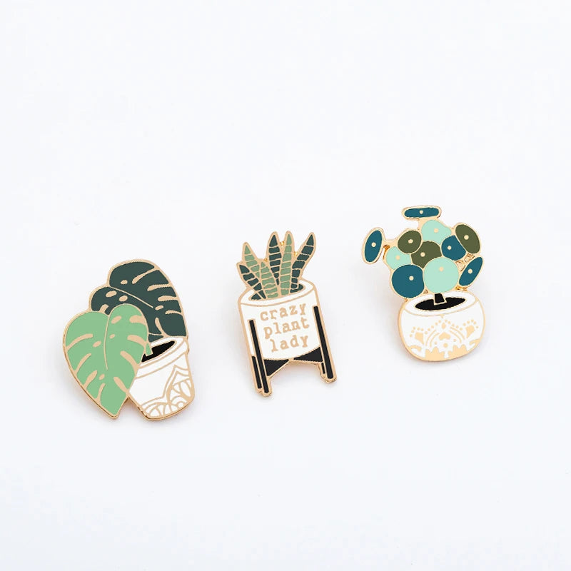 Crazy Plant Lady Brooches Green Succulents Aloe Potted Plants Enamel Badge Creative Cartoon Bag Backpack Lapel Pins Jewelry Gift