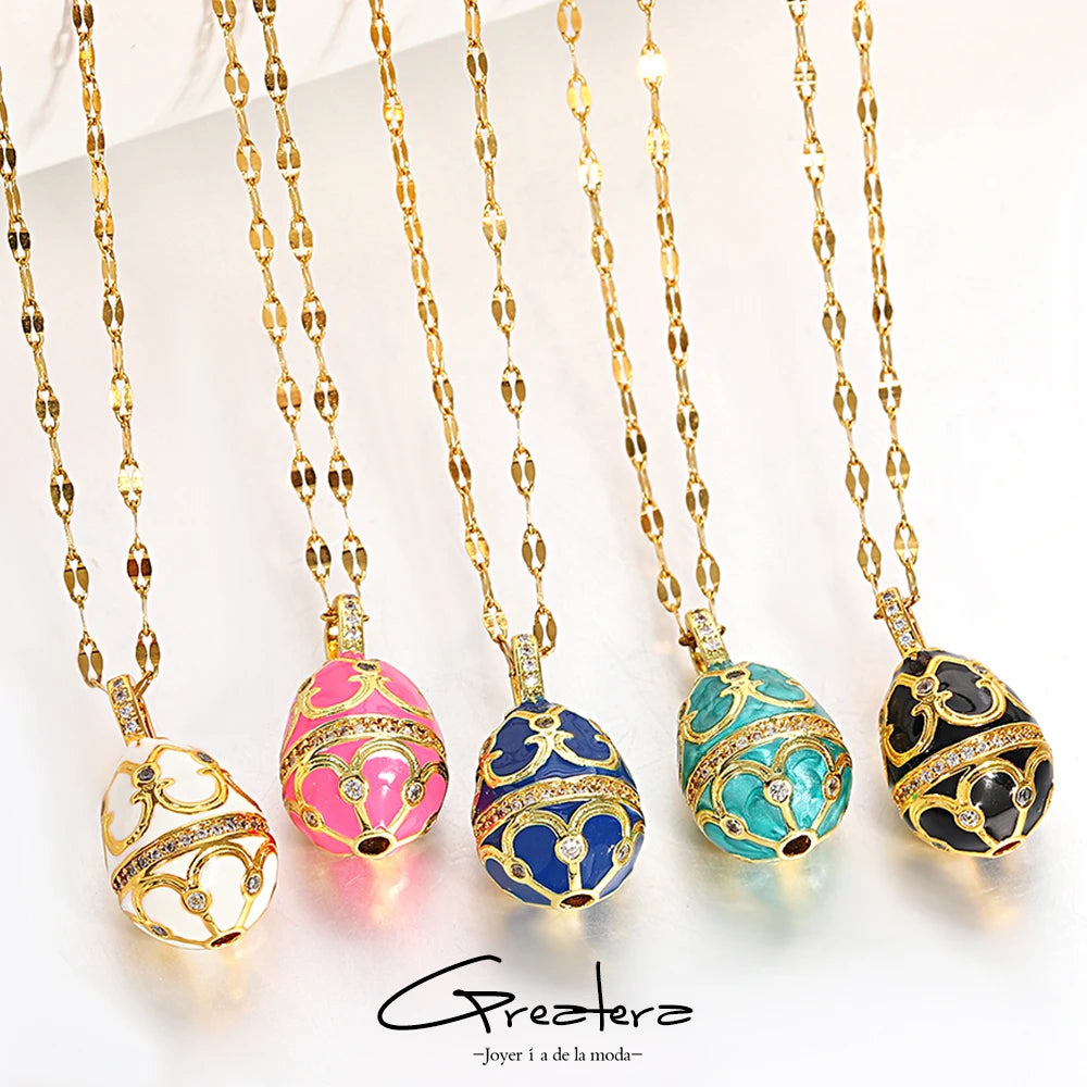 Greatera Colorful Enamel Easter Egg Pendant Necklaces for Women Guilloche Locket Egg Gold Plated Chain Necklaces Party Jewelry