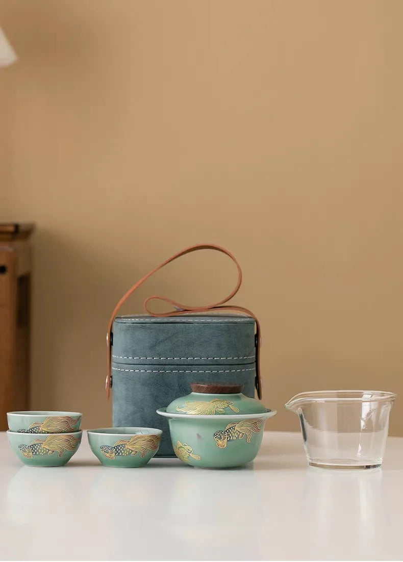 Chinese Style Travel Tea Set, Celadon Cover Bowl Small Set, One Pot, Three Cups, Fast Customer Cup, Portable Kung Fu Tea Maker