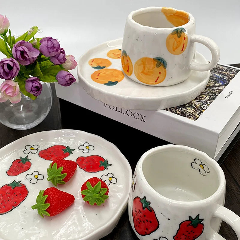 1pc 300ml Vibrant Fruit Themed Ceramic Coffee Mug All Occasions Gift Children's Porcelain Cup Breakfast Cup and Plate Drinkware