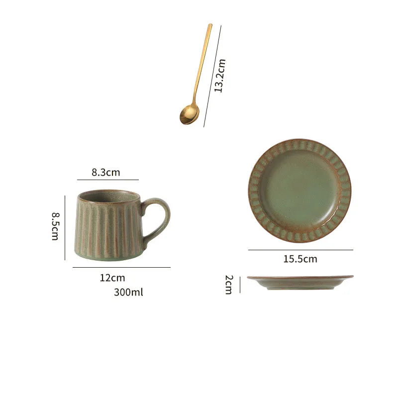 300ML Japanese Retro Rough Pottery Mug Unique Ceramic Office Coffee Cup Dish Set Home Creative Vertical Pattern Brewing Tea Cup