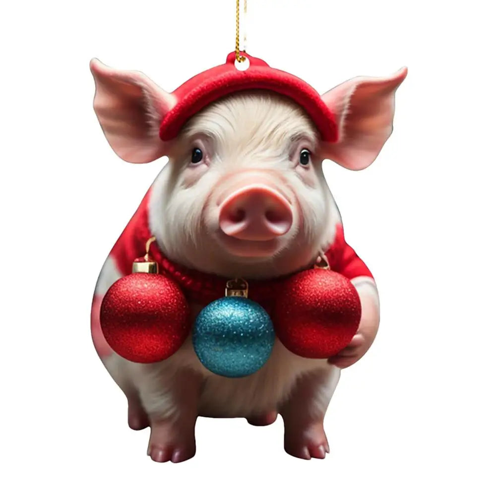 2D Acrylic Funny Pig Pendant With Lanyard Cute Cartoon Christmas Ornaments For Trees Doors Party Supplies Home Decoration