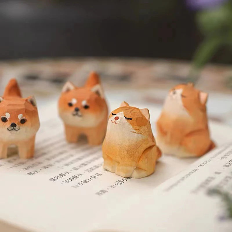 Mini Wooden Cat Animal Figurine Hand Carved Wood Cat Dog Statues Cute Painted Shiba Inu Cats Crafts Ornaments Table Deocr Gifts