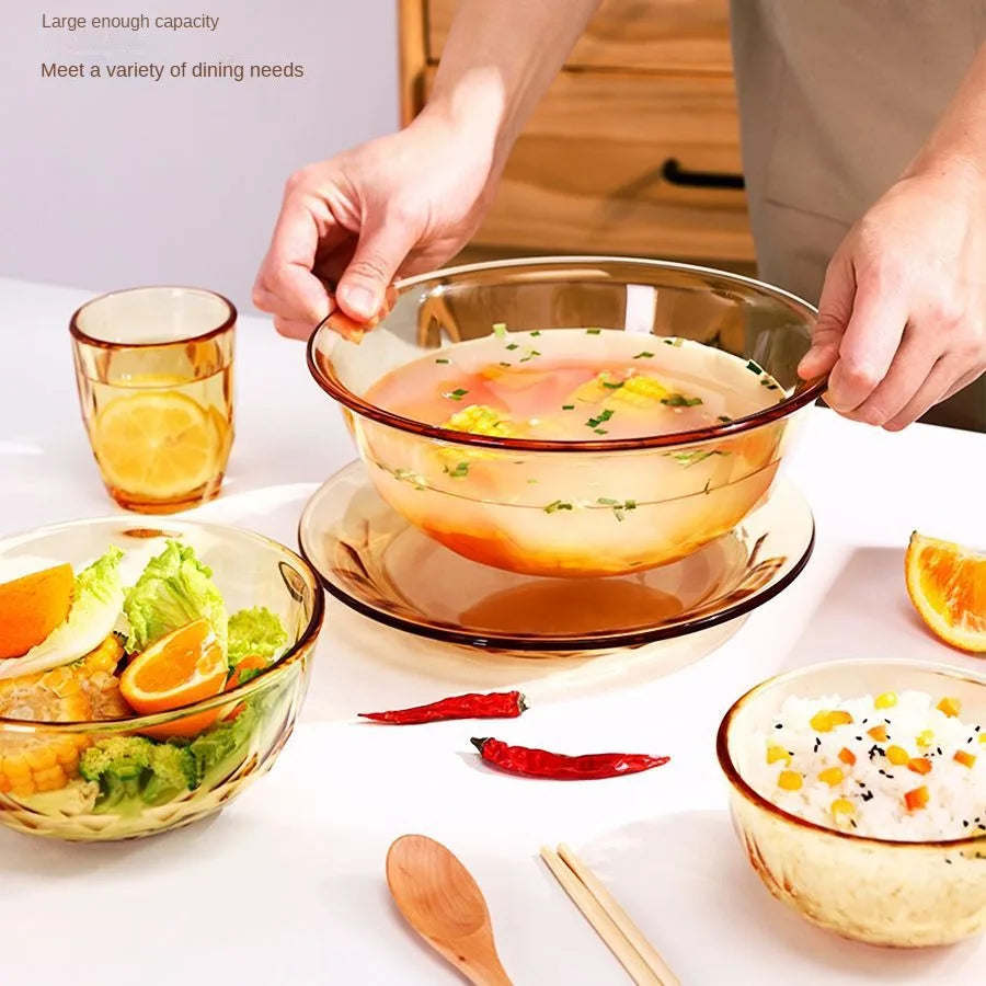 Glass bowl, high temperature resistant household large microwave oven special tableware, amber noodle salad bowl