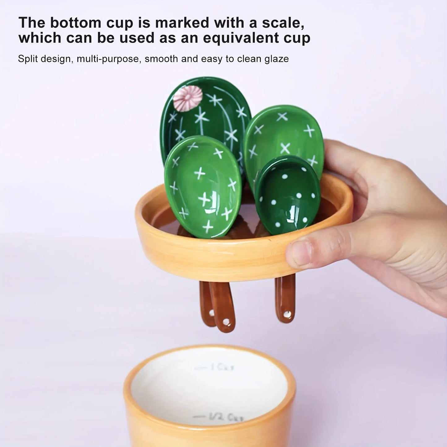 1set Ceramic Cactus Measuring Spoons Set Adorable Functional Kitchen Utensils with Holder Cup Unique Home Ornament Measuring Cup