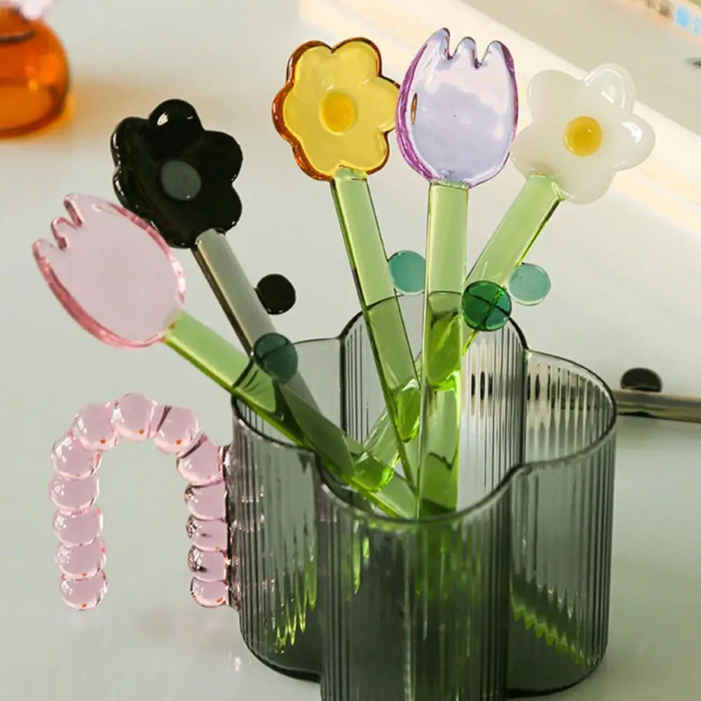 Long handle Glass Spoon Creative Transparent Glass Dessert Spoon Flower Shaped Colored Coffee Stirring Spoon Stick Bar