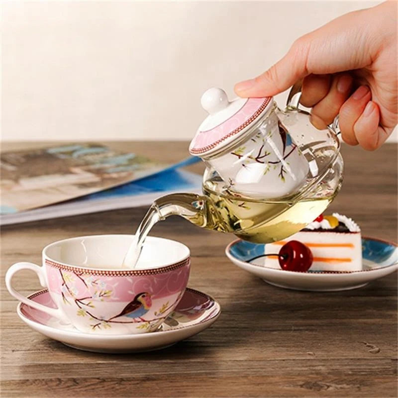 Ceramic Flower Teapot Flower Bird Cup Saucer Heat-Resistant Glass Pot Set Coffee Cup Afternoon Tea Tea Set