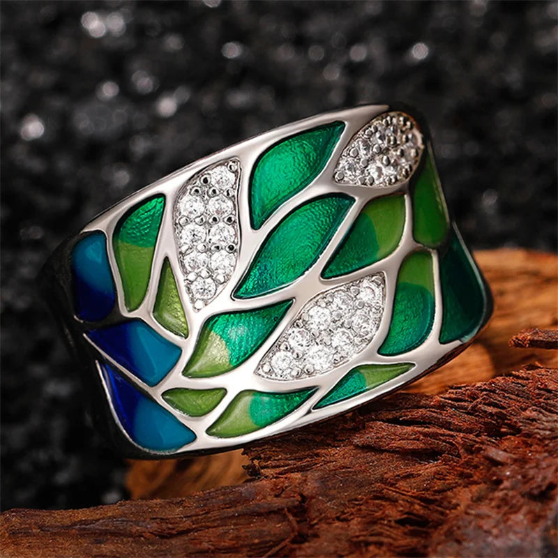 Green Leaf Enamel Handmade Oil Dropping Women's Ring Charm High Luxury Westernized  Prom Fancy Birthday Gift Fashion Jewelry