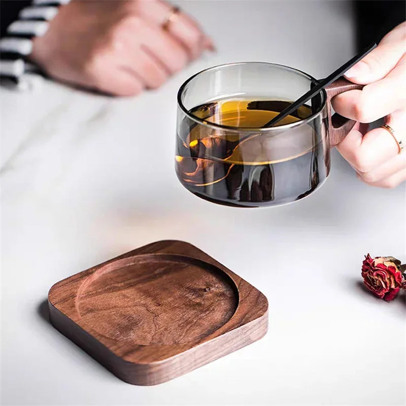 200ml Glass American Latte Coffee Cup With Wooden Tray High Borosilicate Heat-resistant Milk Tea Cup Fresh Ground Coffee Mug