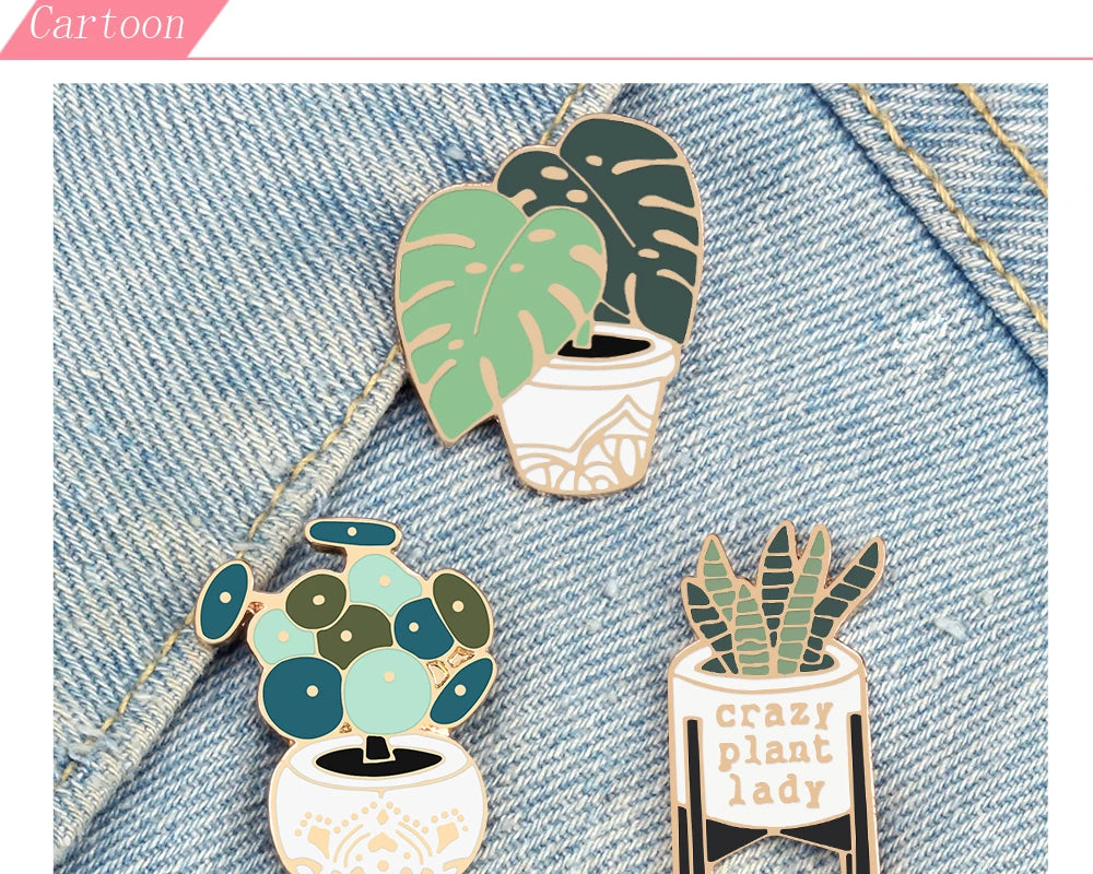 Crazy Plant Lady Brooches Green Succulents Aloe Potted Plants Enamel Badge Creative Cartoon Bag Backpack Lapel Pins Jewelry Gift