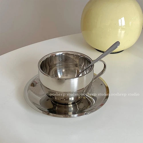 Korean Style Niche Coffee Cup and Saucer Set Retro Stainless Steel Coffee Cup Small Exquisite Posing Vlog Afternoon Tea Cup