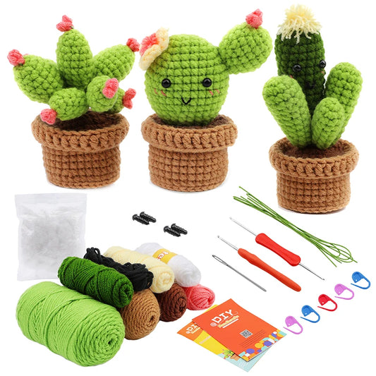 MIUSIE Beginner Crochet Kit Cactus Potted Plant Creative Crochet DIY Keychai Knitting Key Holder Crochet Dolls Material Pack