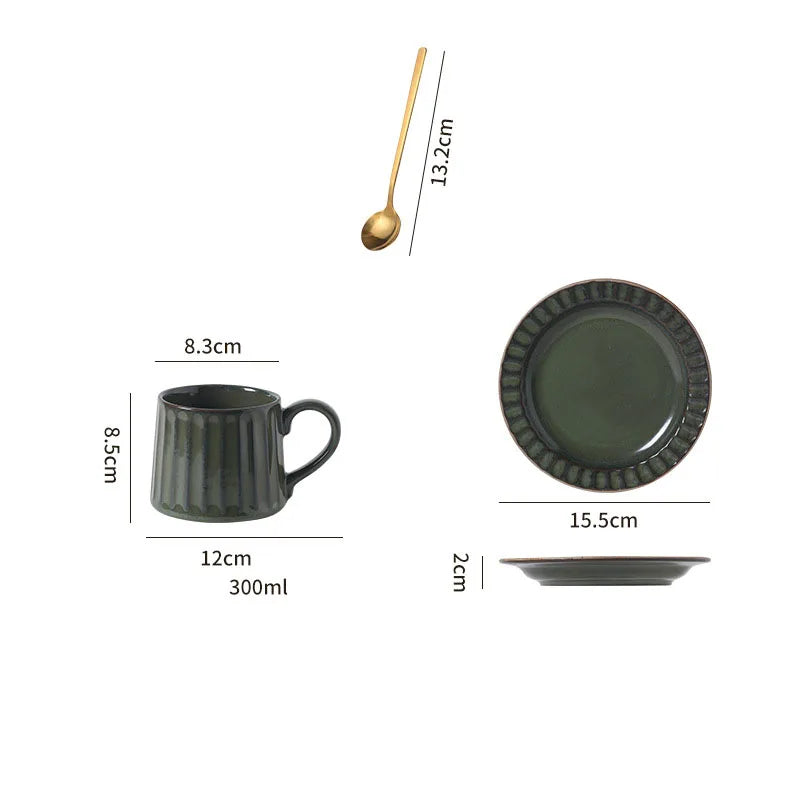 300ML Japanese Retro Rough Pottery Mug Unique Ceramic Office Coffee Cup Dish Set Home Creative Vertical Pattern Brewing Tea Cup