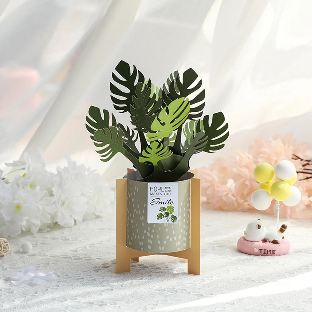 3D Monstera Potted Plant Pop-up Greeting Card with Envelope Flowers Postcard Birthday Cards Valentines Gifts Creative Home Decor