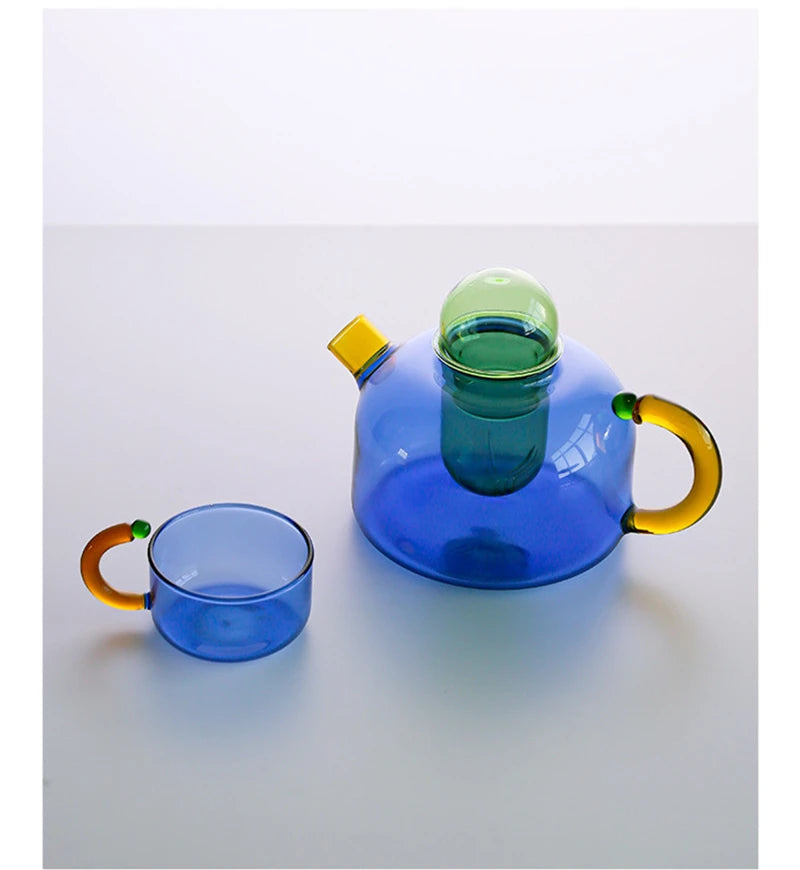 Contrasting Colour Tea pot Colorful Glass Tea water Separation Filtration Teapot Tea cup set Creative Drinkware Teakettle