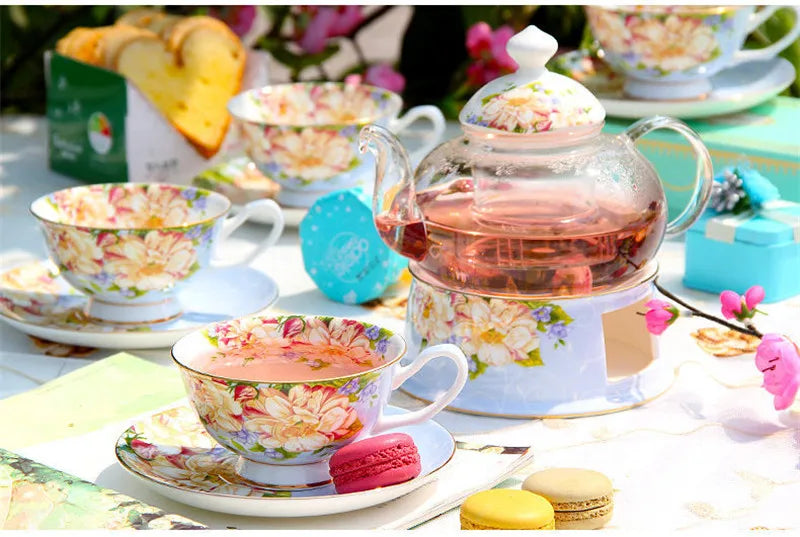 Europe Noble High-grade porcelain Tea Cup and Saucer Spoon English British Teaware Set Glass Teapot Tea Warmer set  Home Drinks