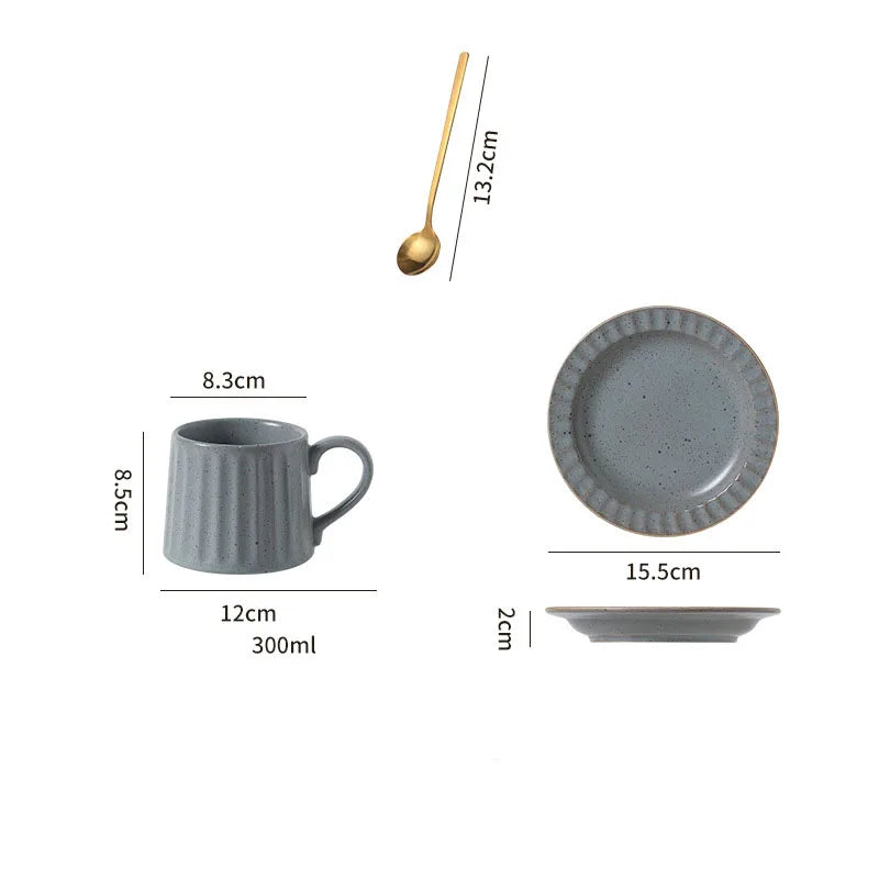 300ML Japanese Retro Rough Pottery Mug Unique Ceramic Office Coffee Cup Dish Set Home Creative Vertical Pattern Brewing Tea Cup