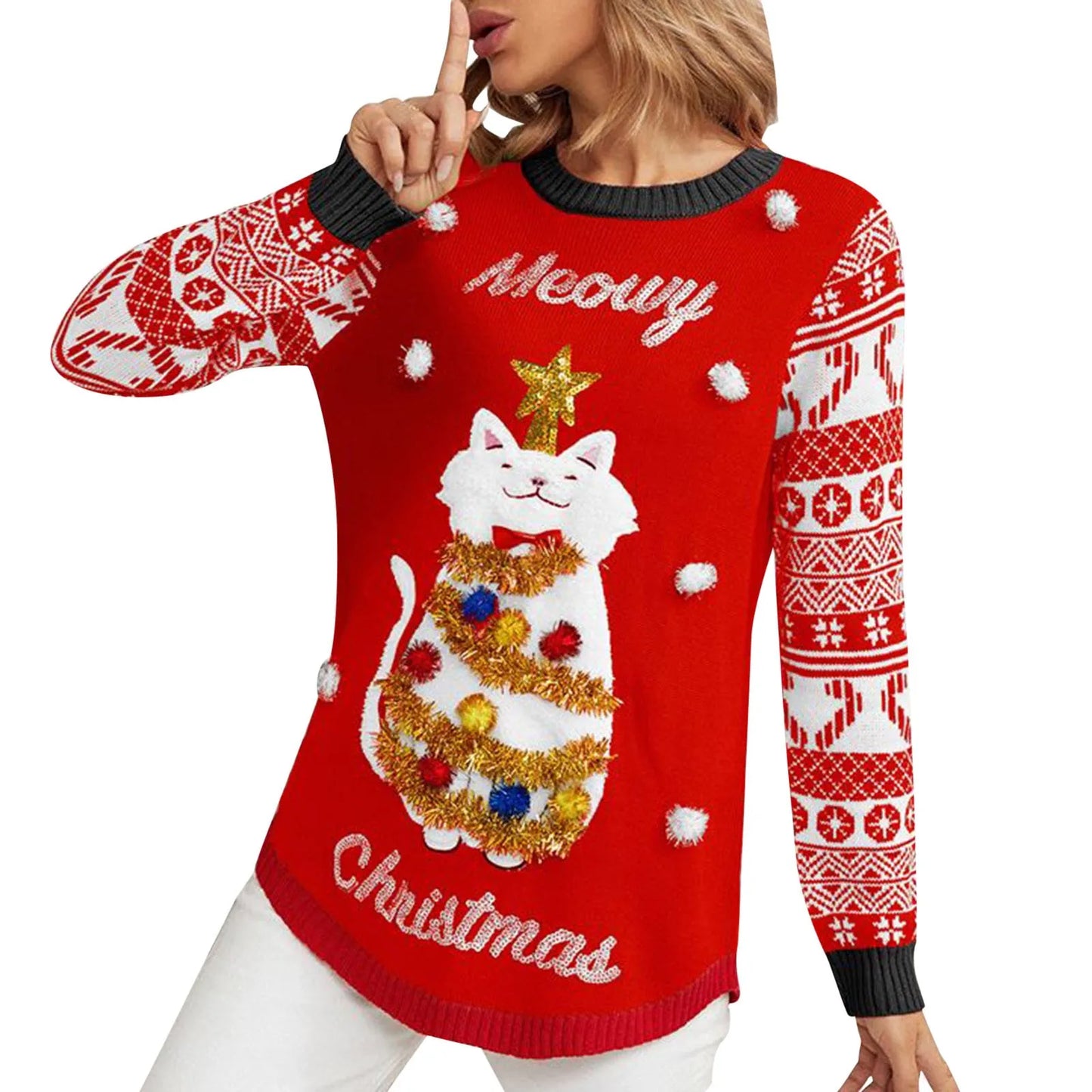 Sweater Women Christmas 2024 Ugly Sweater New Cartoon Cat Print O-Neck Autumn Winter Thick Loose Knitwears Tops Xmas Pullover