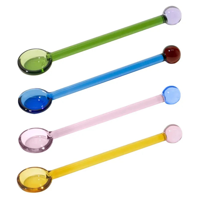 Creative Glass Milk Spoons Colored Transparent Coffee Dessert Stirring Long Handle Spoon Round Kitchen Tableware Stirrer Rod