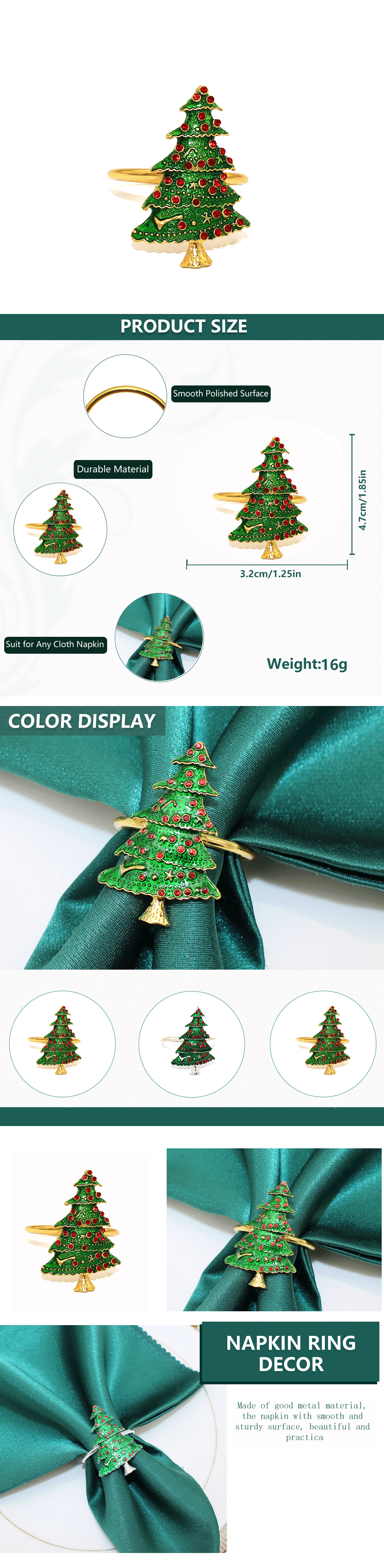 8Pcs Green Christmas Tree Napkin Rings Xmas Crystal Napkin Holder for Christmas Wedding Thanksgiving Party Kitchen Table Decor