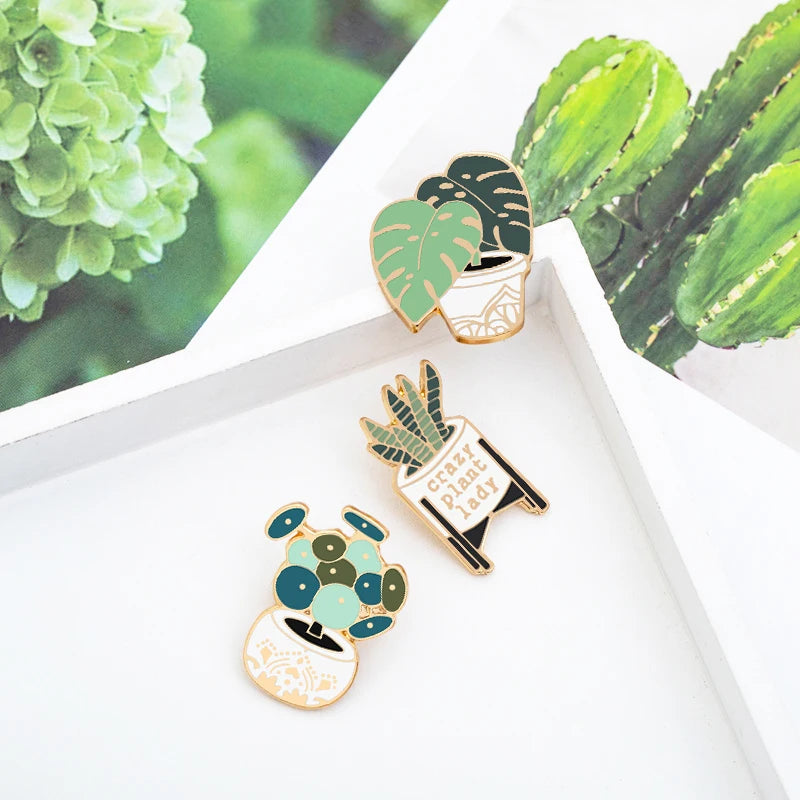 Crazy Plant Lady Brooches Green Succulents Aloe Potted Plants Enamel Badge Creative Cartoon Bag Backpack Lapel Pins Jewelry Gift