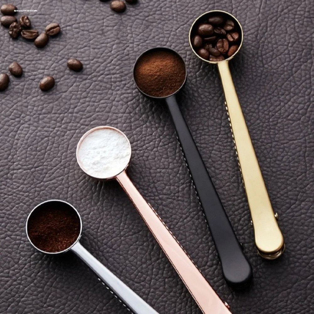 2 in 1 Creative Coffee Spoon 5ml Stainless Steel Multifunctional Coffee Scoop with Sealing Clip Kitchen Measuring Coffee Scoop