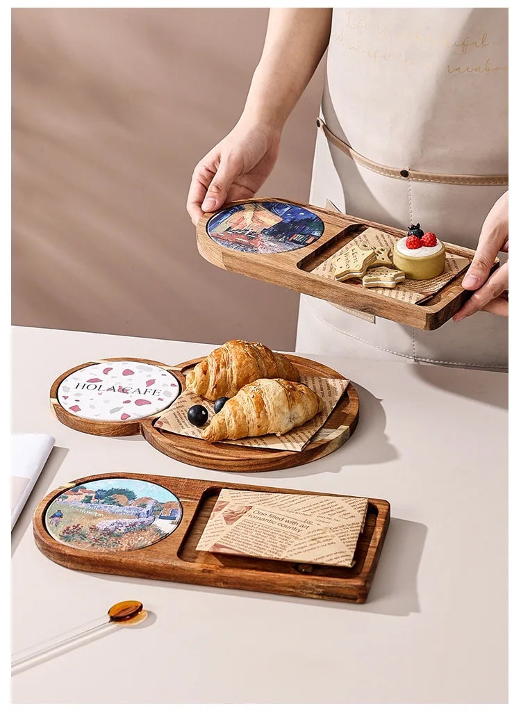 Bread cutlery wooden tray retro pastry dessert afternoon tea snack  tea tray suitable for home kitchen decoration accessories