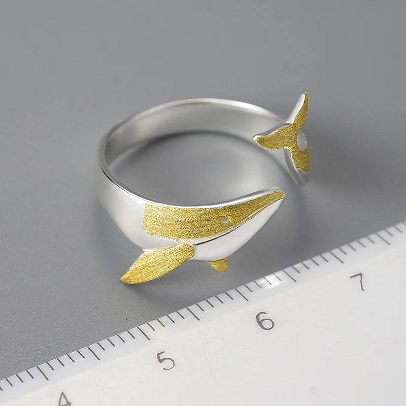 Lotus Fun 18K Gold Personality Whale Dating Adjustable Rings for Women Original 925 Sterling Silver Luxury Quality Fine Jewelry