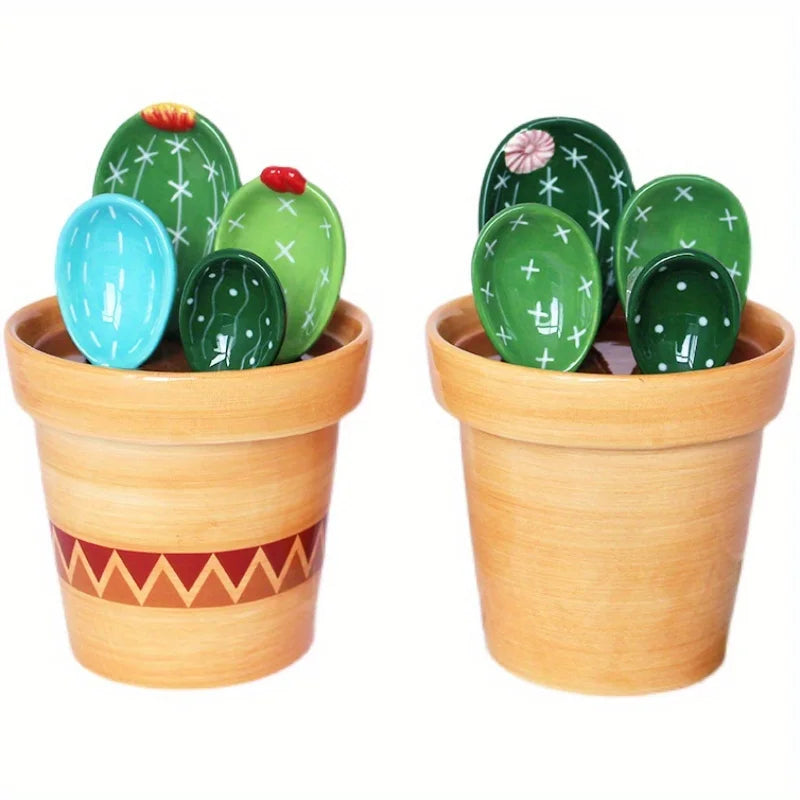 1set Ceramic Cactus Measuring Spoons Set Adorable Functional Kitchen Utensils with Holder Cup Unique Home Ornament Measuring Cup