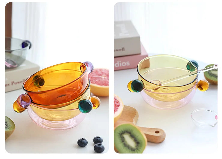 4.5inch Icecream Bowl with Handle Glass Bowl for Yoghurt  Japanese Bowl  Colorful Glass Tableware Soup Bowl Heat Resistant Glass