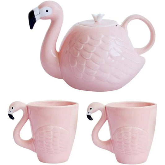 Flamingo Coffee Mugs and Teapot Set 15 Ounce Ceramic Flamingo Cups 34 Ounce Porcelain Teapot Flamingo Tea Set Gift  (Set of 3)