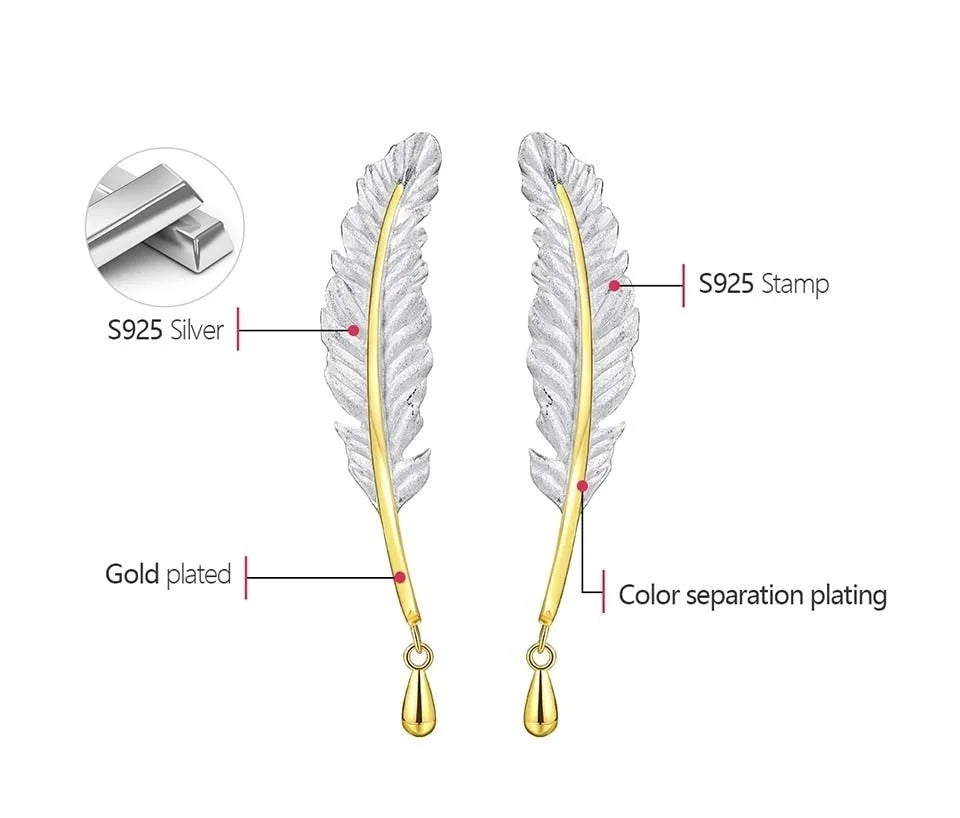 Lotus Fun 18K Gold Luxury Vintage Genuine 925 Sterling Silver Unusual Feather Earrings for Women Original Jewelry 2021 trend New