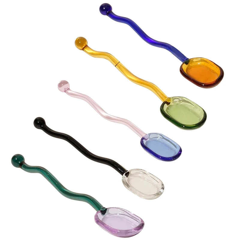 Creative Glass Milk Spoon Colored Transparent Coffee Dessert Stirring Spoon Long Wave Handle Round Kitchen Tableware Stirrer Rod