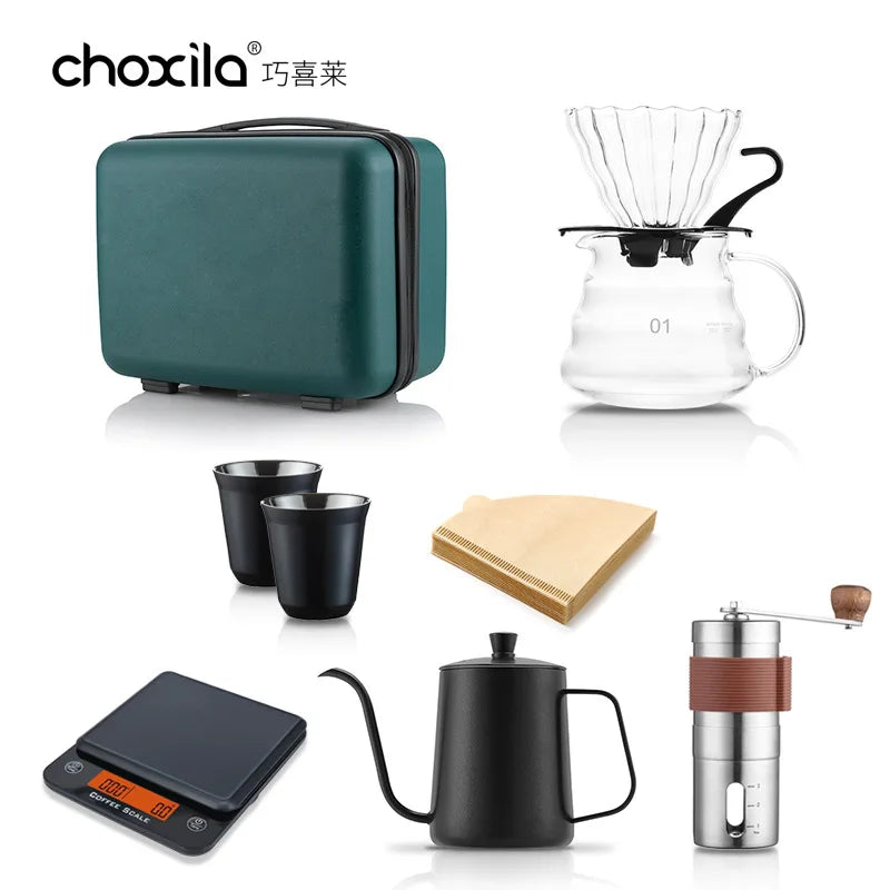 4~8pcs Pour Over Coffee Sets Coffee Bean Grinder Hot Water Drip Kettle Coffee Pot Outdoor Travel Wilderness Kit with Gift Box