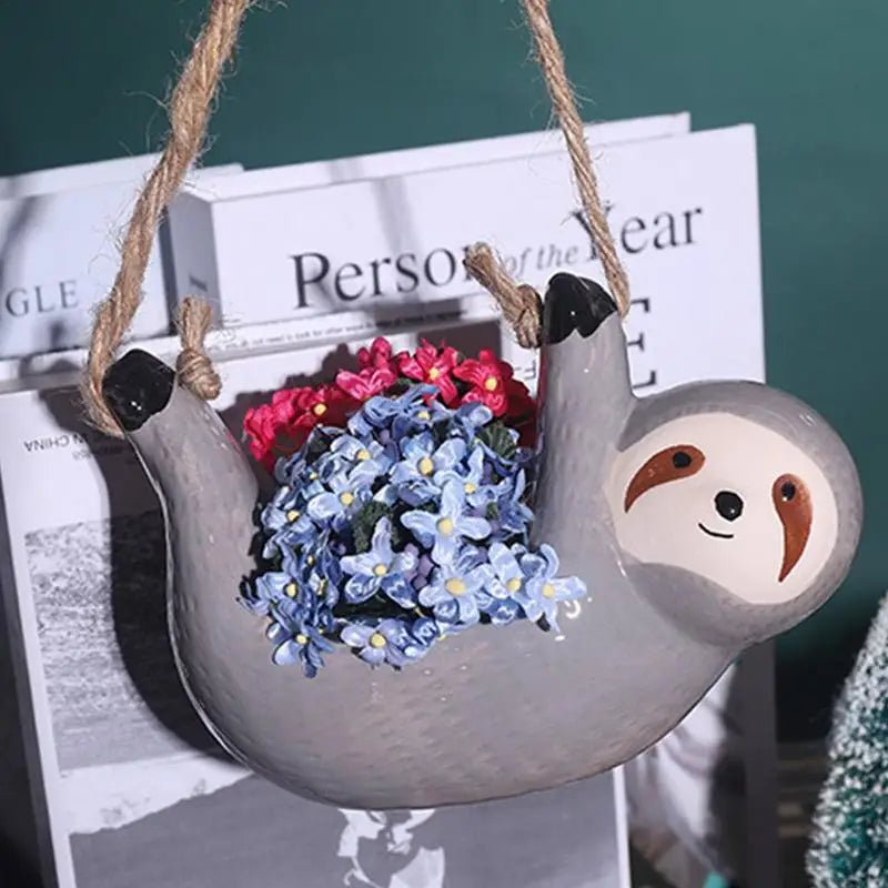 Ceramic Flowerpot Cartoon Animal Sloth Hanging Planter Pots Cute Succulent Plant With Twine Home Decor For Indoor Outdoor