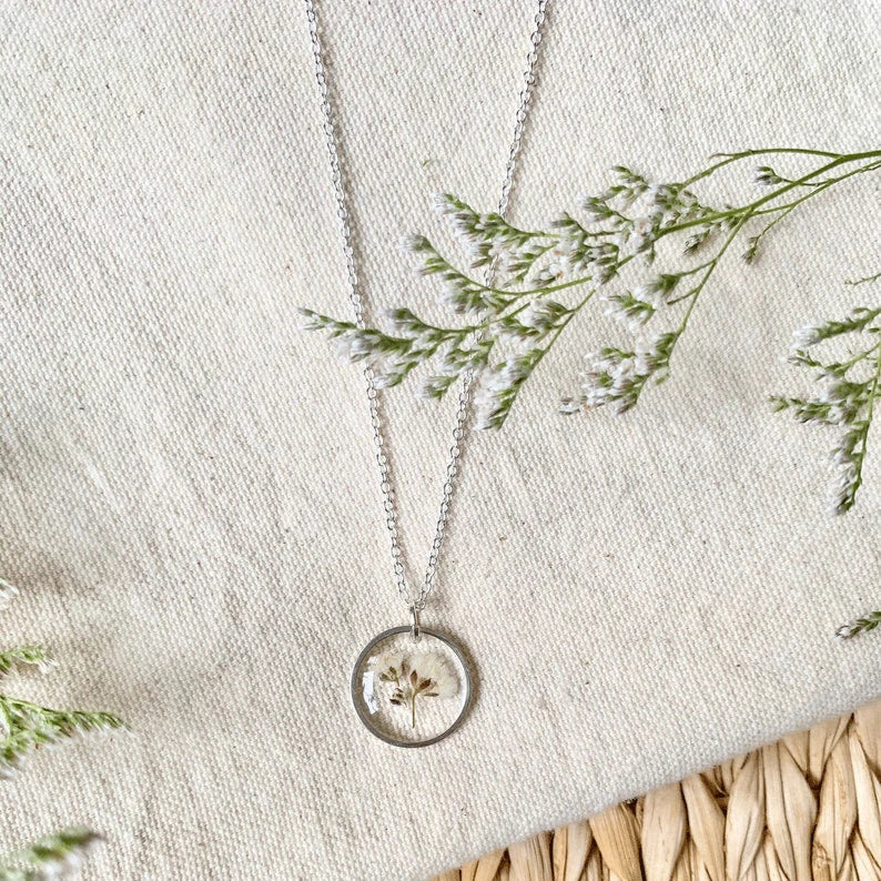 Baby's Breath necklace, floral necklace, botanical jewelry, embossed jewelry, gift for her, baby breath necklace