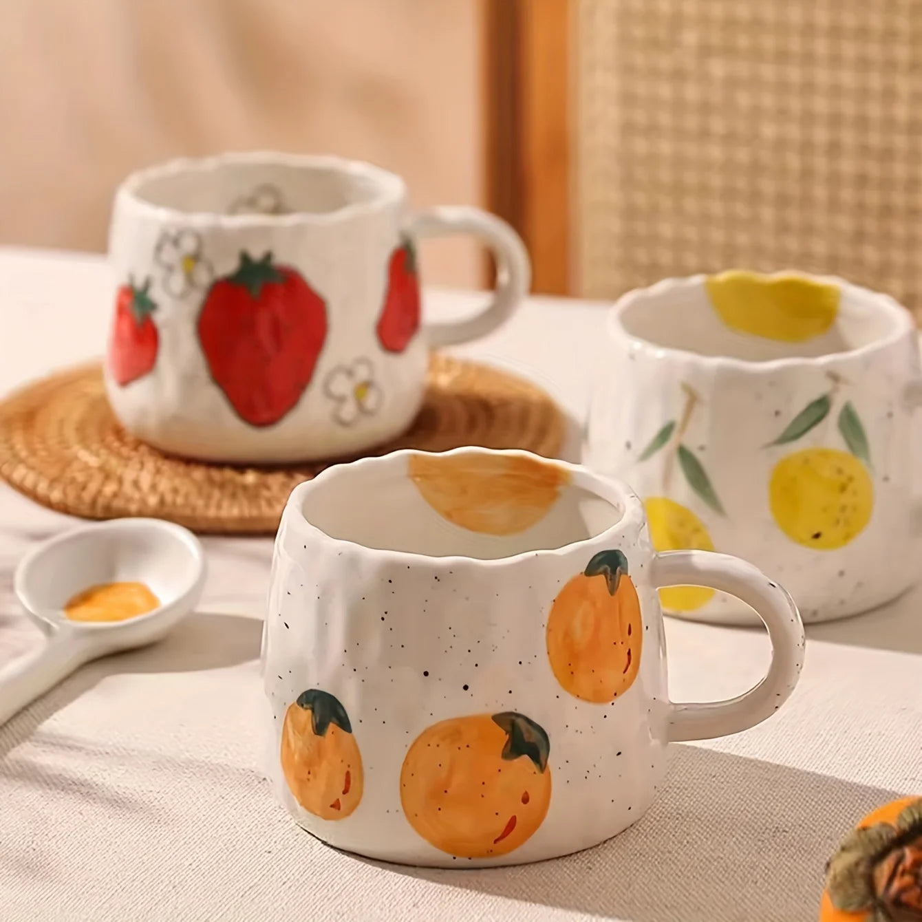 1pc 300ml Vibrant Fruit Themed Ceramic Coffee Mug All Occasions Gift Children's Porcelain Cup Breakfast Cup and Plate Drinkware