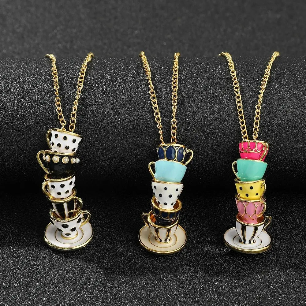 Teapot Locket Enamel Jewelry Hand Made Sweater Chain Coffee Cup pendant Long Necklace Earrings Tea Cup Necklace Teapot Necklace