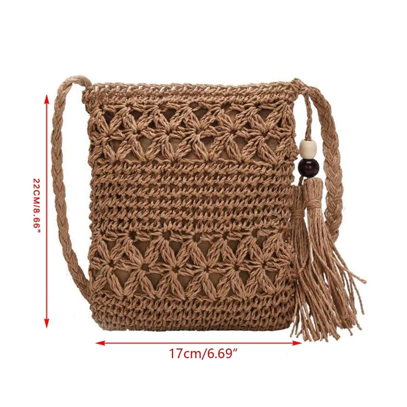 Women Beach Woven Straw Shoulder Messenger Bag with Tassel Boho Hollow Out Crochet Crossbody Handbag Macrame Purse