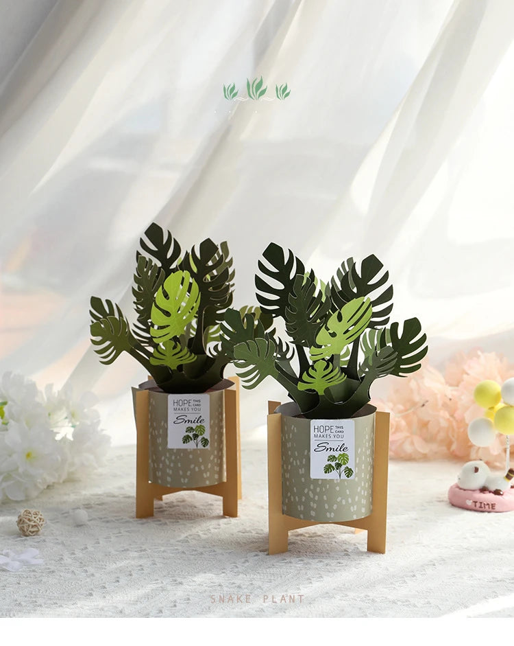 3D Monstera Potted Plant Pop-up Greeting Card with Envelope Flowers Postcard Birthday Cards Valentines Gifts Creative Home Decor