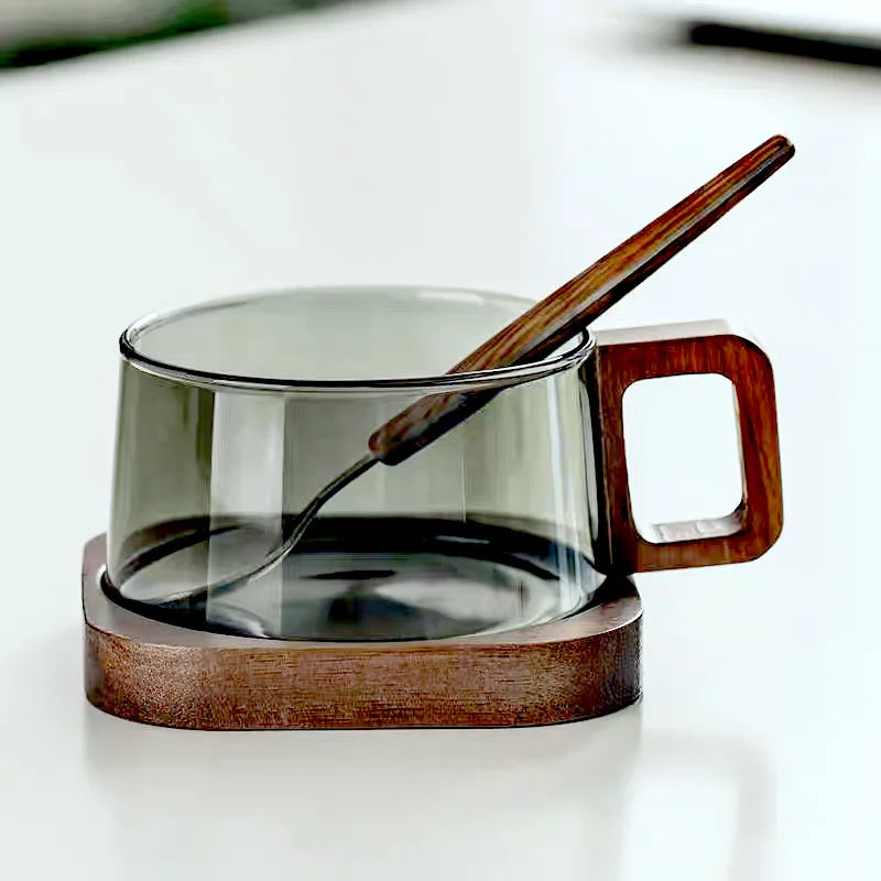 200ml American Latte Glass Coffee Mug With Wooden Tray Spoon Heat-resistant Milk Tea Cup Fresh Ground Coffee Cup