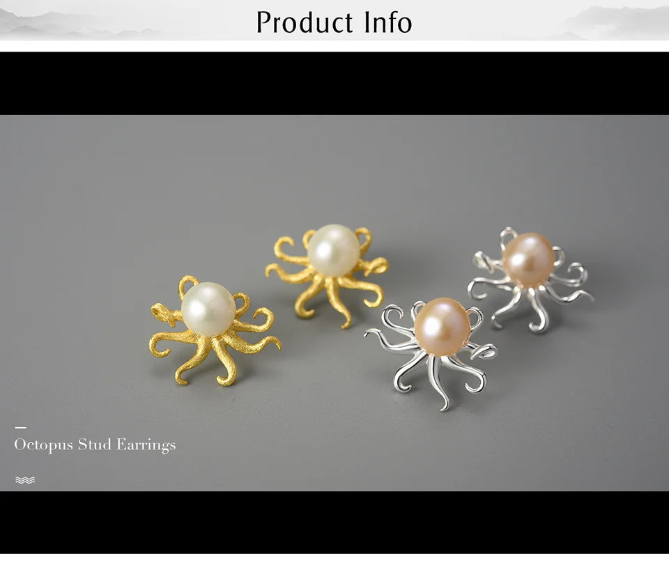 Lotus Fun Creative Octopus Natural Pearl Stud Earrings for Women Real 925 Sterling Silver Original Statement Luxury Fine Jewelry