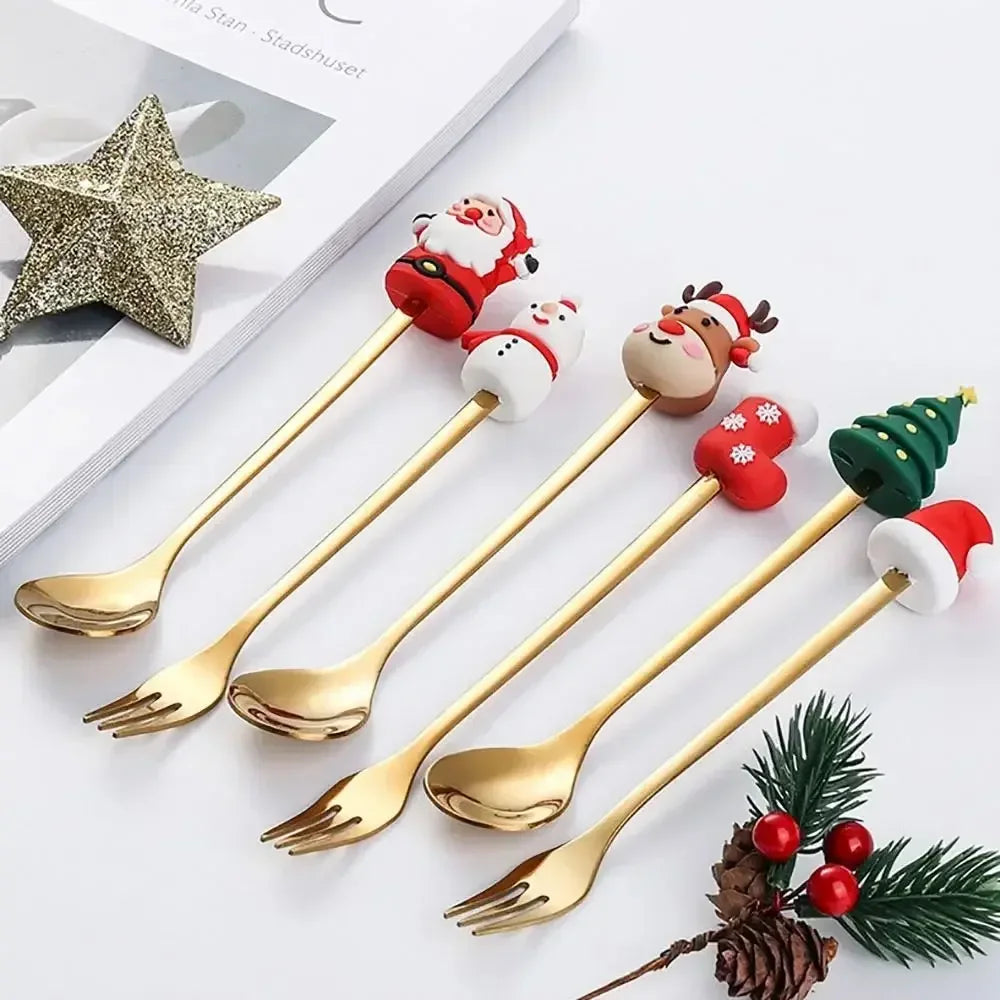 New Christmas Tableware Set Spoon and Fork Stainless Steel Creative Tableware Coffee Tea Dessert Spoon Exquisite Gift Set