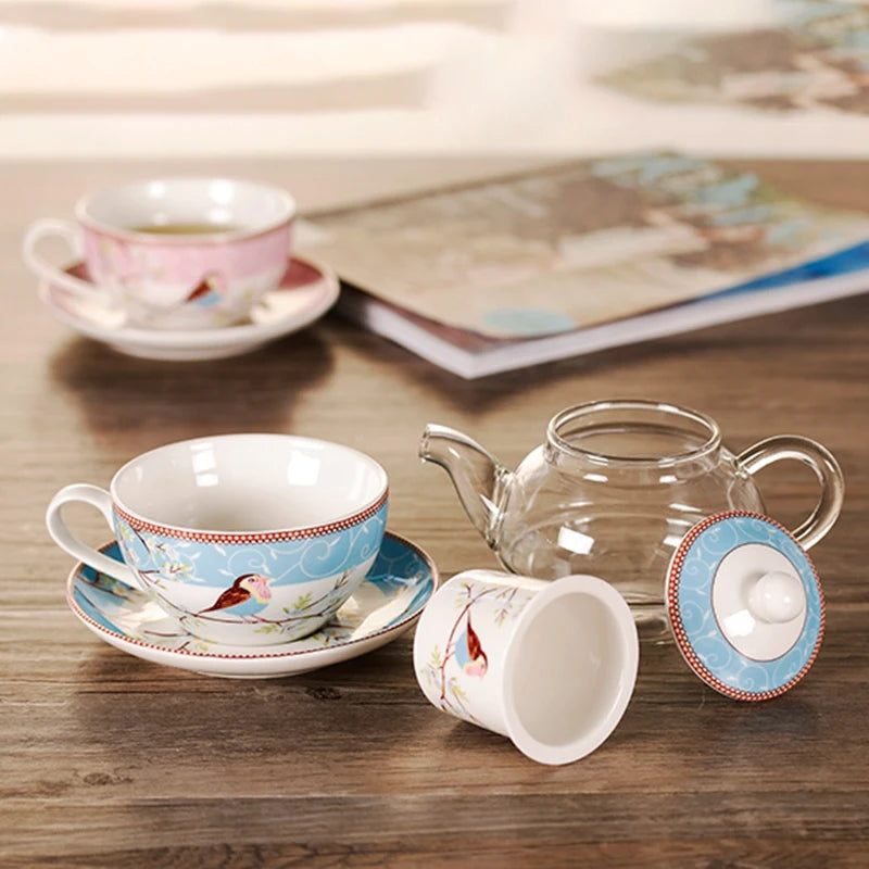 Ceramic Flower Teapot Flower Bird Cup Saucer Heat-Resistant Glass Pot Set Coffee Cup Afternoon Tea Tea Set