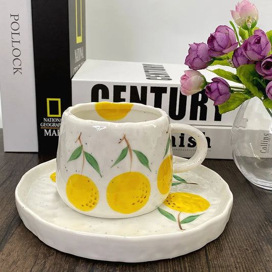 1pc 300ml Vibrant Fruit Themed Ceramic Coffee Mug All Occasions Gift Children's Porcelain Cup Breakfast Cup and Plate Drinkware