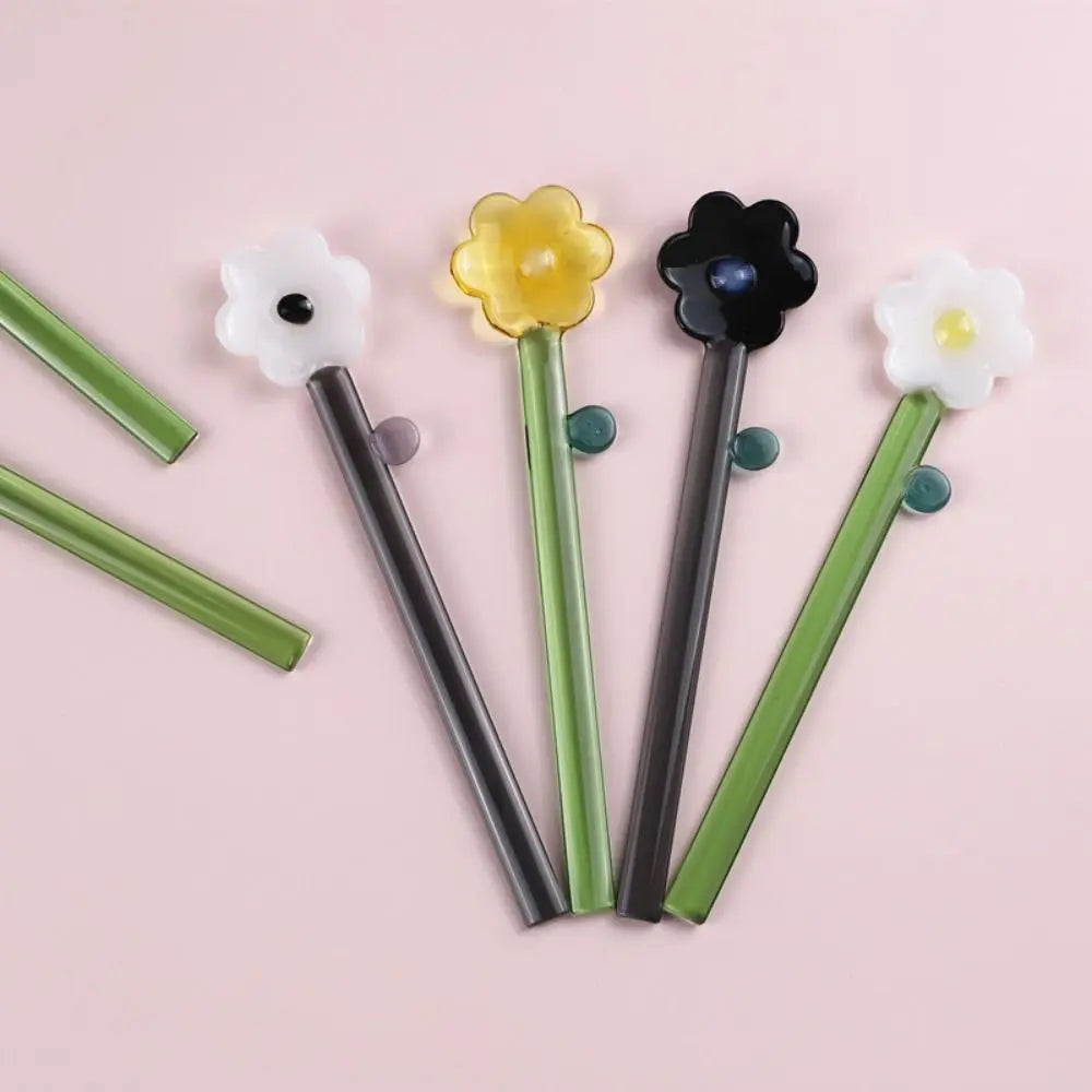 Long handle Glass Spoon Creative Transparent Glass Dessert Spoon Flower Shaped Colored Coffee Stirring Spoon Stick Bar