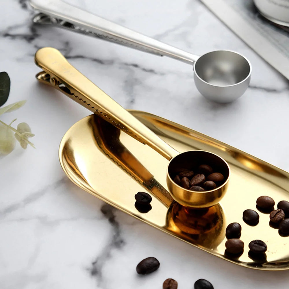 2 in 1 Creative Coffee Spoon 5ml Stainless Steel Multifunctional Coffee Scoop with Sealing Clip Kitchen Measuring Coffee Scoop