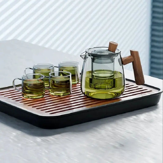 GIANXI 530ml Heat-Resistant Glass Teapot With Walnut Handle Chinese Drain/Storage Tea Tray Home Hospitality Kung Fu Tea Set