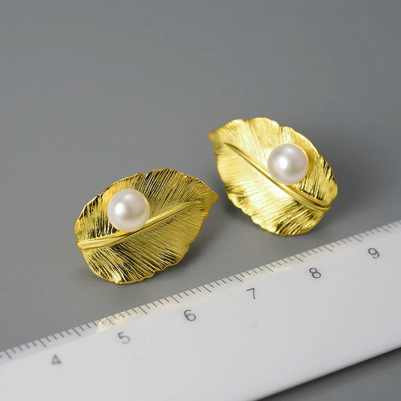 Lotus Fun 18K Gold Natural Pearl Unusual New Leaf  Stud Earrings for Women Original Real 925 Sterling Silver Luxury Fine Jewelry